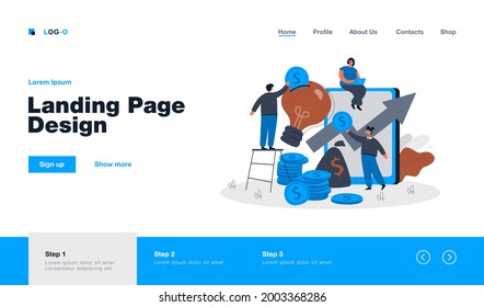 Tiny people making investment into idea, creative project. Flat vector illustration. Investors team pouring cash into venture, promising online innovation. Finance, money, credit, partnership concept
