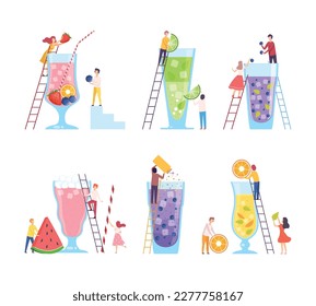Tiny people making non alcoholic cocktails set. Male and female characters putting strawberry, lime, watermelon, blueberry, orange to big glass flat vector illustration