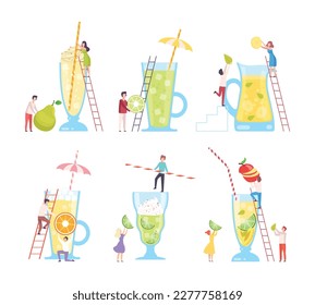 Tiny people making non alcoholic cocktails set. Male and female characters putting fresh citrus, lime, orange fruit to big glass flat vector illustration