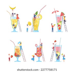 Tiny people making non alcoholic cocktails set. Male and female characters putting fresh fruit and berries to big glass flat vector illustration