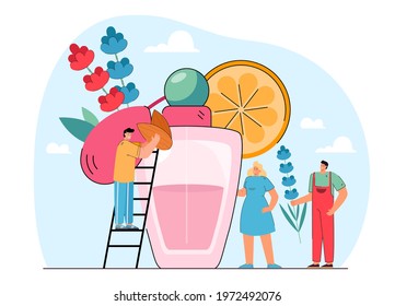 Tiny people making perfume. Cartoon persons with nuts and flowers, deodorant for fresh body smell flat vector illustration. Cosmetics, perfumery concept for banner, website design or landing web page