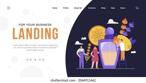 Tiny people making perfume. Cartoon persons with nuts and flowers, deodorant for fresh body smell flat vector illustration. Cosmetics, perfumery concept for banner, website design or landing web page