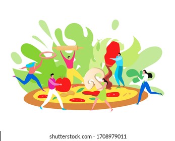 Tiny people making pizza, cooking concept, cartoon characters teamwork together, vector illustration. Italian cuisine recipe, men and women carrying ingredients. Homemade food pizzeria, culinary meal