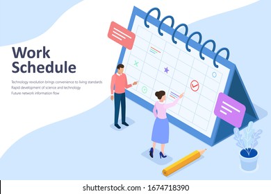 Tiny people making work plans or work schedules, Flat isometric illustration isolated on white background.