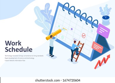 Tiny people making work plans or work schedules, Flat isometric illustration isolated on white background.