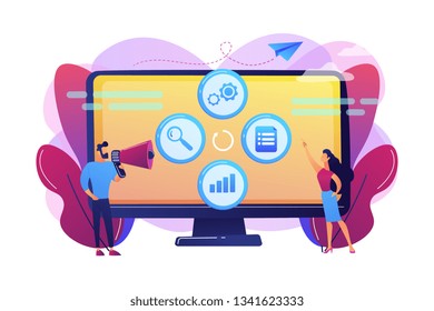 Tiny People Managers Plan And Analyse Campaign. Marketing Campaign Management, Marketing Strategy Execution, Campaign Efficiency Control Concept. Bright Vibrant Violet Vector Isolated Illustration