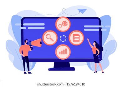 Tiny People Managers Plan And Analyse Campaign. Marketing Campaign Management, Marketing Strategy Execution, Campaign Efficiency Control Concept. Pink Coral Blue Vector Isolated Illustration