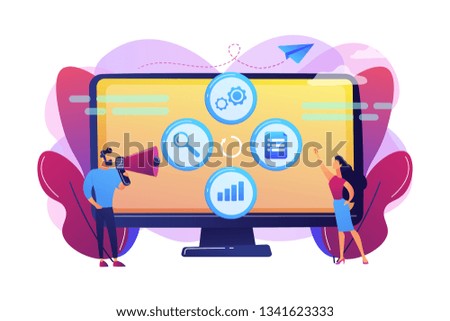 Tiny people managers plan and analyse campaign. Marketing campaign management, marketing strategy execution, campaign efficiency control concept. Bright vibrant violet vector isolated illustration