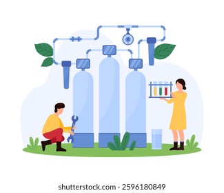 Tiny people managing a large water purification system with test tubes and tools, ensuring clean water supply, highlighting environmental and technical teamwork vector illustration.