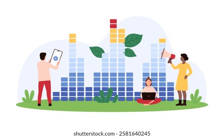 Tiny people managing sound waves and audio devices, illustrating audio management, sound engineering, and digital sound technology vector illustration.