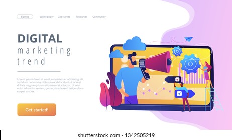 Tiny People, Marketer With Megaphone, Consumers Data Analysis. Data Driven Marketing, Consumer Behaviour Analysis, Digital Marketing Trend Concept. Website Vibrant Violet Landing Web Page Template.