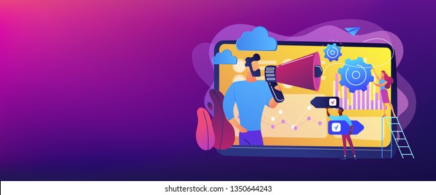 Tiny People, Marketer With Megaphone, Consumers Data Analysis. Data Driven Marketing, Consumer Behaviour Analysis, Digital Marketing Trend Concept. Header Or Footer Banner Template With Copy Space.