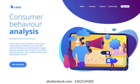 Tiny people, marketer with megaphone, consumers data analysis. Data driven marketing, consumer behaviour analysis, digital marketing trend concept. Website vibrant violet landing web page template.