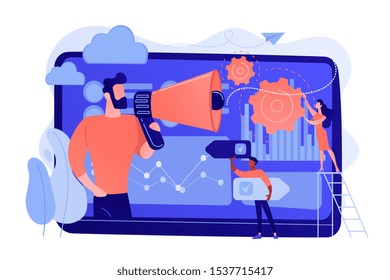 Tiny people, marketer with megaphone, consumers data analysis. Data driven marketing, consumer behaviour analysis, digital marketing trend concept. Pinkish coral bluevector isolated illustration