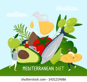 Tiny people with mediterranean food products. Flat modern trendy style.Vector illustration character icon. Mediterranean diet concept.