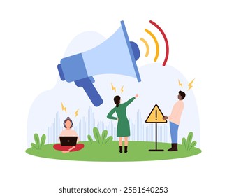 Tiny people with a megaphone and warning sign, illustrating sound pollution, noise control, and environmental awareness vector illustration.