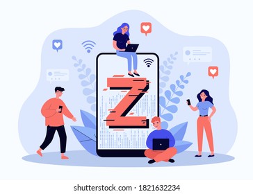 Tiny People Messaging Online Flat Vector Illustration. Cartoon Modern Demography Trend With Progressive Youth Gen. Z Generation, Social Culture And Technology Concept