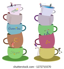 tiny people METAPHOR, life in big cups, work and rest of tiny people, fish, skate, paint, wash and clean, the toy world and his life small fairy-tale toy world a children's illustration