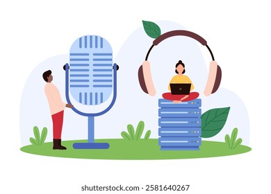 Tiny people with a microphone and audio equipment, illustrating sound recording, editing, and digital audio production vector illustration.