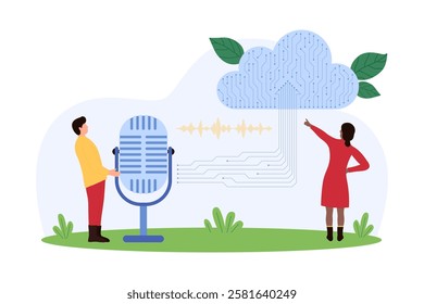 Tiny people with a microphone and cloud, illustrating audio recording, cloud storage, and digital sound technology vector illustration.