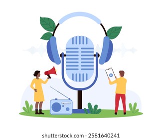 Tiny people with a microphone, headphones, and megaphone, illustrating podcasting, broadcasting, and digital audio communication vector illustration.