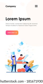 Tiny people mixing sugar in big cup of coffee flat vector illustration. Cartoon office employees at coffee break. Hot beverages and rest concept