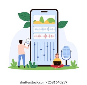 Tiny people with a mobile device and audio equipment, illustrating sound recording, mobile technology, and digital audio production vector illustration.