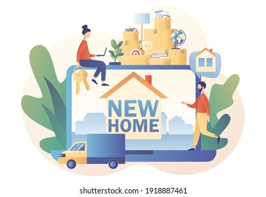 Tiny people moved to new home. Moving concept. Transporting things and objects in the truck. Cardboard boxes with various things. Modern flat cartoon style. Vector illustration on white background