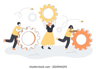 Tiny people moving giant gears. Flat vector illustration. Business team with cogwheels, symbol of repair service, upgrade, knowledge, cooperation. Teamwork, technology, setting, research concept