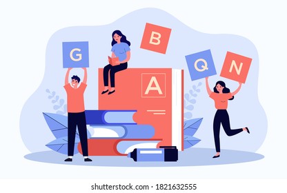 Tiny people near dictionary learning language flat vector illustration. Cartoon characters holding letters for reading and writing lesson. Grammar, literature and communication concept