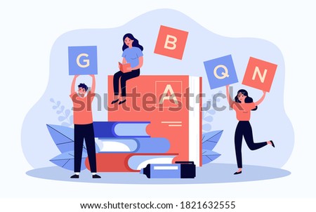 Tiny people near dictionary learning language flat vector illustration. Cartoon characters holding letters for reading and writing lesson. Grammar, literature and communication concept