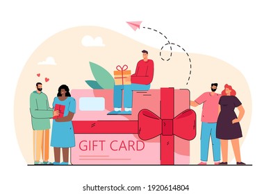 Tiny people near giant gift card voucher from store flat vector illustration. Cartoon happy customers getting coupon during shopping. Discount program and retail concept