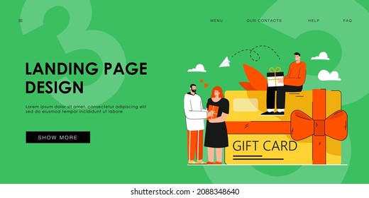 Tiny people near giant gift card voucher from store flat vector illustration. Cartoon happy customers getting coupon during shopping. Discount program and retail concept