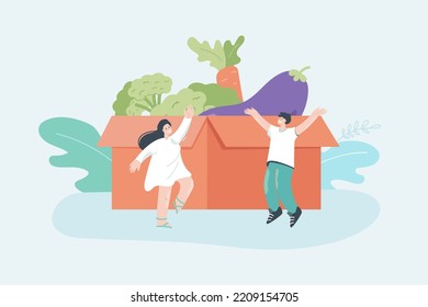 Tiny people near huge box of vegetables flat vector illustration. Fresh organic broccoli, eggplant and carrot. Nutrition, grocery, health concept for banner, website design or landing web page