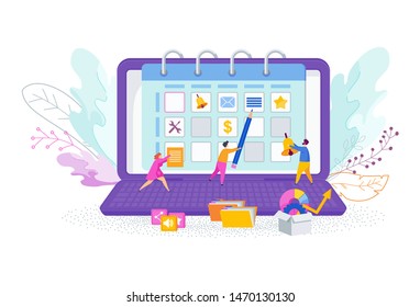 Tiny people near the huge calendar on laptop screen. Make a schedule of affairs for the month. Planning events, business meetings, payments and important messages. Trendy flat vector style.