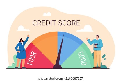 Tiny people near huge credit score indicator. Analysts accessing clients ability to pay back loan flat vector illustration. Credit rating, money concept for banner, website design or landing web