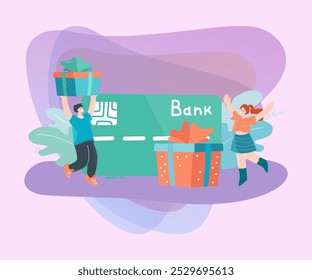 Tiny people near huge gift card flat vector illustration. Happy people receiving voucher or discount coupon. Sale, discount, promotion, present concept for banner, website design or landing web page