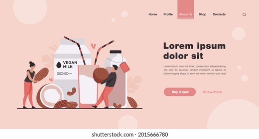 Tiny people near lactose free milk flat vector illustration. Cartoon vegan almond, oat, rice, soya and seed beverages. Wellness and delicious raw food concept