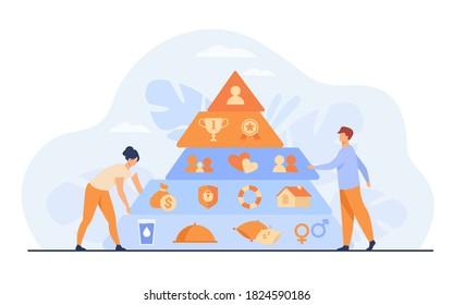 Tiny people near Maslow pyramid flat vector illustration. Cartoon triangle pyramid with graphic hierarchy levels. Sociology theory and wellness measurement concept