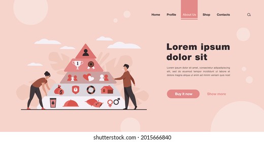 Tiny people near Maslow pyramid flat vector illustration. Cartoon triangle pyramid with graphic hierarchy levels. Sociology theory and wellness measurement concept