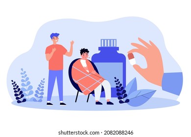 Tiny people near medicine bottle with hand stretching pill to them. Male character caring about sick friend flat vector illustration. Health care concept for banner, website design or landing web page