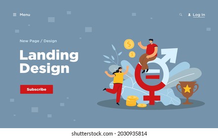 Tiny People Near Money And Gender Sign Flat Vector Illustration. Cartoon Female And Male Characters And Social Tolerance. Gender Wage Equality And Discrimination Concept