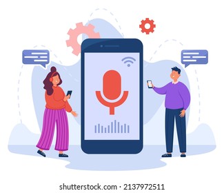 Tiny people near phone with voice assistant on screen. Man and woman using AI, speaking into speaker, recording voice messages on digital devices flat vector illustration. Technology, software concept