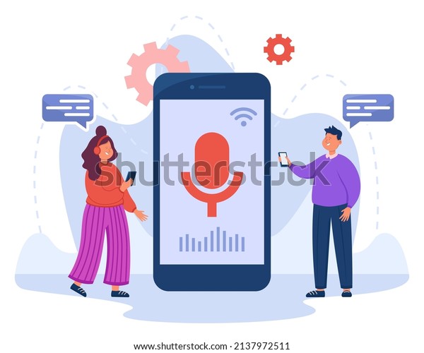 Tiny people near phone with voice assistant on\
screen. Man and woman using AI, speaking into speaker, recording\
voice messages on digital devices flat vector illustration.\
Technology, software\
concept