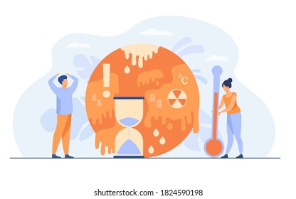 Tiny people near planet with melting poles isolated flat vector illustration. Danger of temperature rising and greenhouse effect anomaly. Climate change and hot weather concept