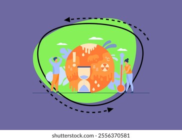 Tiny people near planet with melting poles isolated flat vector illustration. Danger of temperature rising and greenhouse effect anomaly. Climate change and hot weather concept