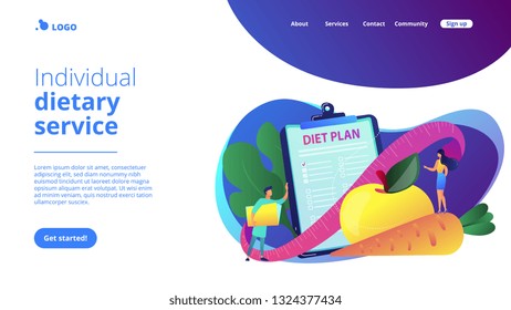 Tiny people nutritionist and diet plan checklist with vegetables, fruit. Nutrition diet, weight-management diet, individual dietary service concept. Website vibrant violet landing web page template.