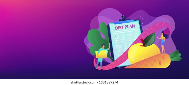 Tiny people nutritionist and diet plan checklist with vegetables, fruit. Nutrition diet, weight-management diet, individual dietary service concept. Header or footer banner template with copy space.