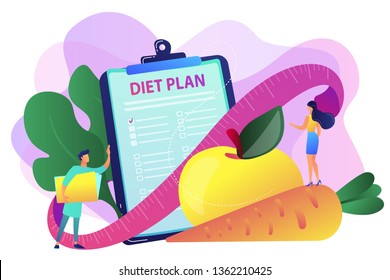 Tiny people nutritionist and diet plan checklist with vegetables, fruit. Nutrition diet, weight-management diet, individual dietary service concept. Bright vibrant violet vector isolated illustration