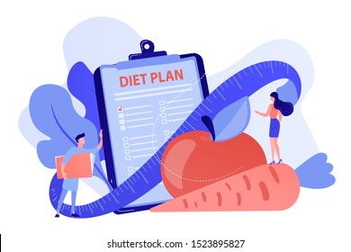 Tiny people nutritionist and diet plan checklist with vegetables, fruit. Nutrition diet, weight-management diet, individual dietary service concept. Pinkish coral bluevector isolated illustration